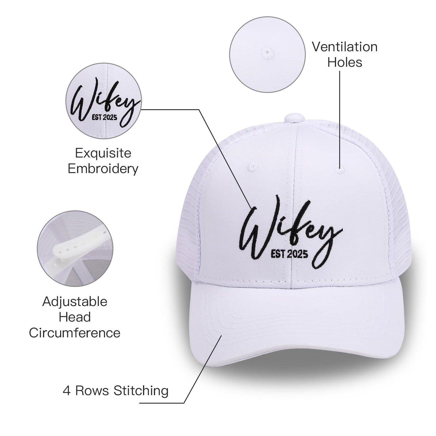 Hubby & Wifey EST 2025 Hats for Newlywed Couple -Embroidered Matching Hats for Women Men, Unique Gift for Wedding, Engagement, Bridal Shower White