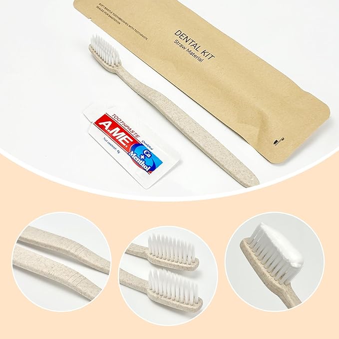 50 Pack Travel Size Toothbrushes with Toothpaste in Bulk, Disposable Individually Wrapped Wheat Straw Portable Toothbrushes Kit for Homeless, Nursing Home, Charity, Shelter, Airbnb and Hotel