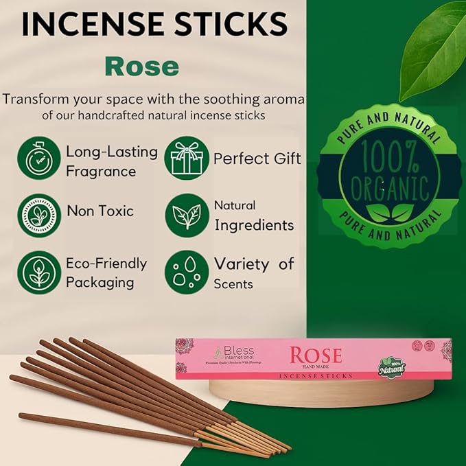 Bless-Rose 100%-Natural-Handmade-Hand-Dipped Organic-Chemicals-Charcoal-Free Purification-Relaxation-Positivity-Yoga-Meditation Best-Woods-Scent (25 Sticks (1.4 OZ))