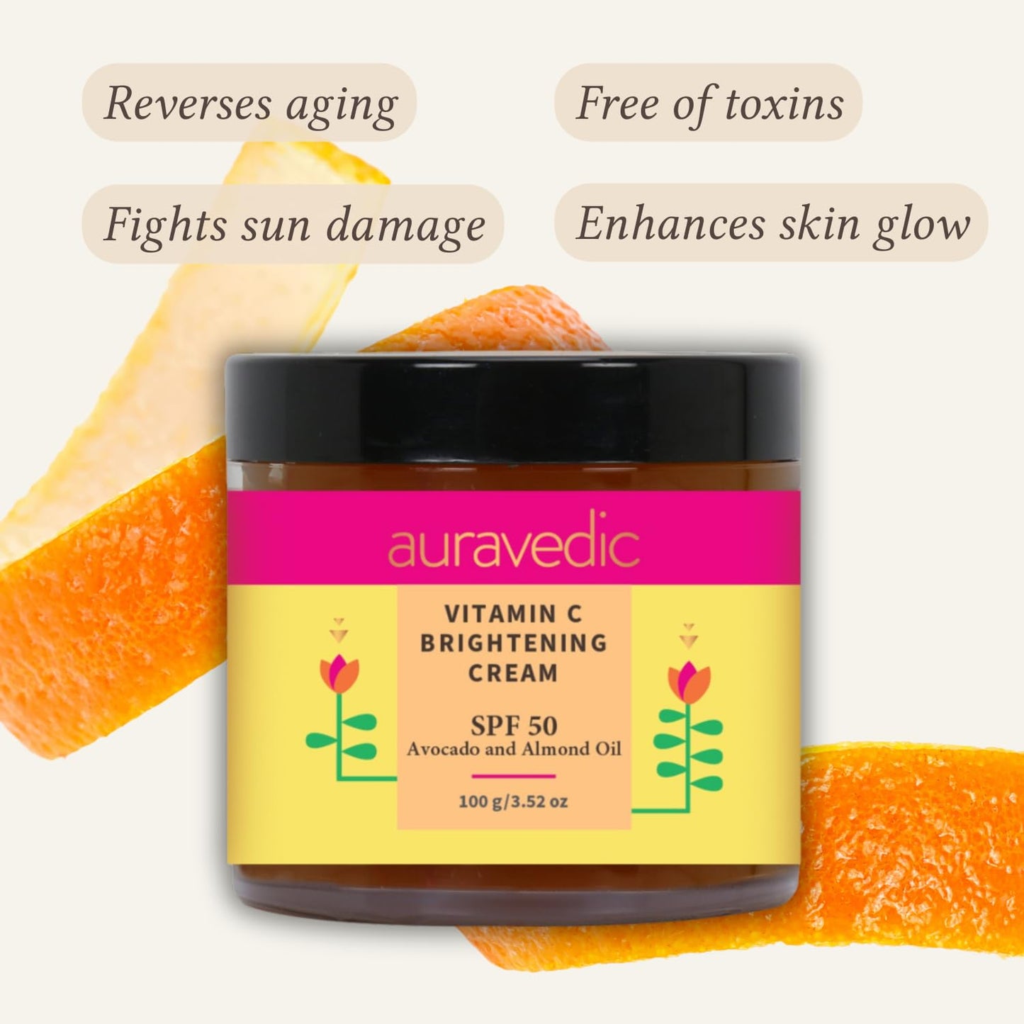 Auravedic Vitamin C Face Cream with SPF 50 for Glowing Skin | Reduces Sun Damage & Revives Dull Skin | Organic Hydration | Argan & Avocado Oil Infused Sunscreen Moisturizer | 3.53 Oz (100g)