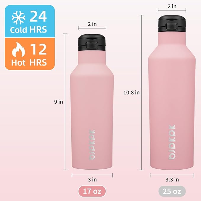 BJPKPK Insulated Water Bottle With Straw 17oz Stainless Steel Water Bottles With 2 Lids And Carry Handle Reusable Travel Metal Thermo,Light Pink