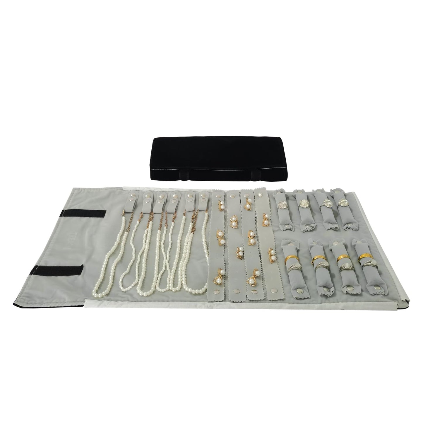 SCIKHEFT Travel Roll Bag Jewelry Display Storage Organizer Multi-function Velvet Pouch (Black and grey)