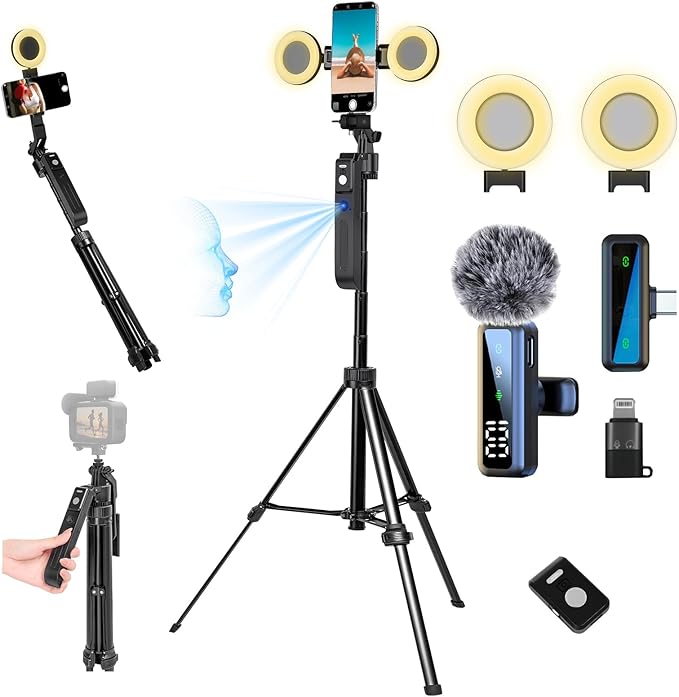 70.9” Auto Face Tracking Tripod for iPhone Anriod Phone,Vlogging Kit for iPhone,Content Creator Essentials,with Light / 360 Rotatable Tripod/Wireless Microphone/Remote