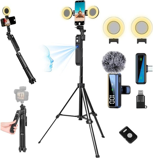 70.9” Auto Face Tracking Tripod for iPhone Anriod Phone,Vlogging Kit for iPhone,Content Creator Essentials,with Light / 360 Rotatable Tripod/Wireless Microphone/Remote