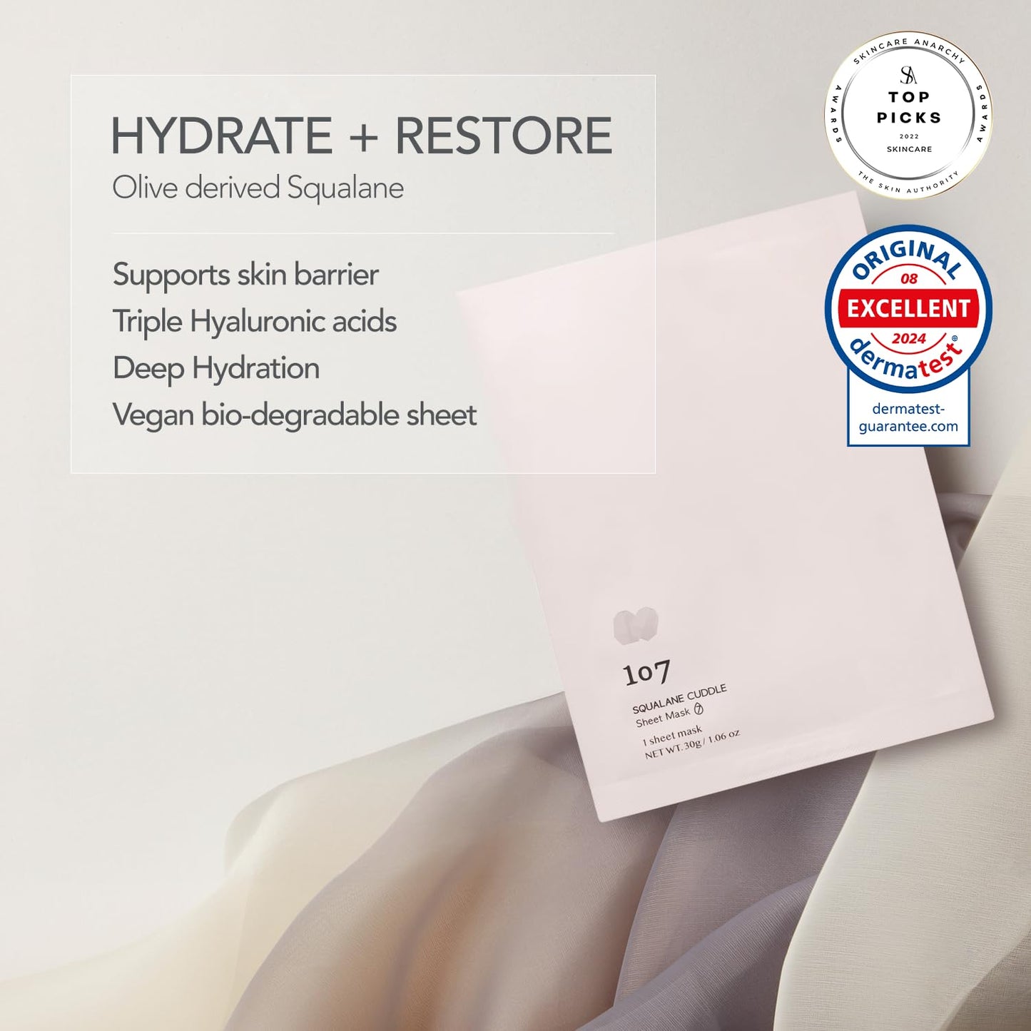 107 SQUALANE CUDDLE Sheet Mask, Pack of 5 Sheets, Squalane & Niacinamide, Hydrating & Rejuvenating Facial Treatment, Korean Skincare, 30g (1.06oz) per Sheet