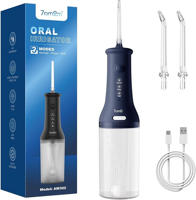 7AM2M Portable Water Flosser Cordless, Water Flosser for Teeth with 3 Modes and 2 Jet Tips, USB C Rechargeable, IPX7 Waterproof, Dental Water Flosser for Travel and Home Use (Navy Blue)