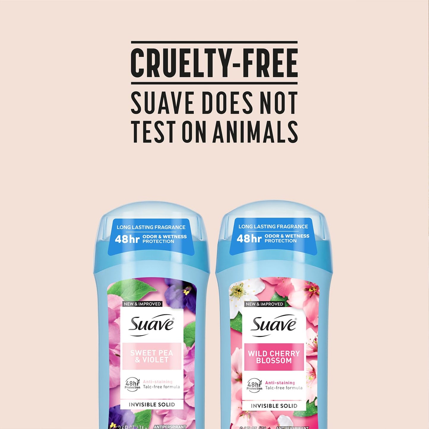 Suave Antiperspirant Deodorant for Women, Wild Cherry Blossom + Sweet Pea & Violet Variety 4-Pack – Anti-Staining Invisible Solid Sticks, Talc-Free, 2.6 Oz Ea