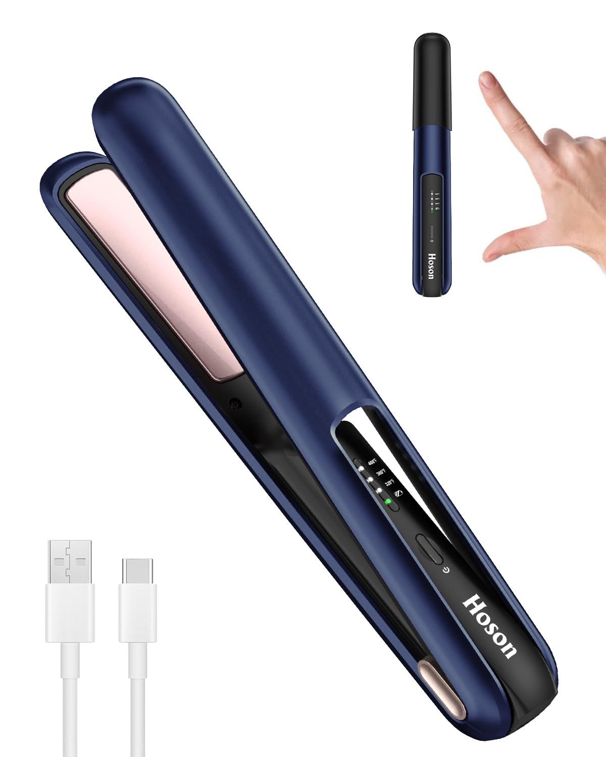 Hoson Cordless Hair Straightener,Portable Mini Flat Iron Travel for Bangs,Short Hair, Rechargeable Curling Iron and Curler 2 in 1,Blue,for Touch Ups