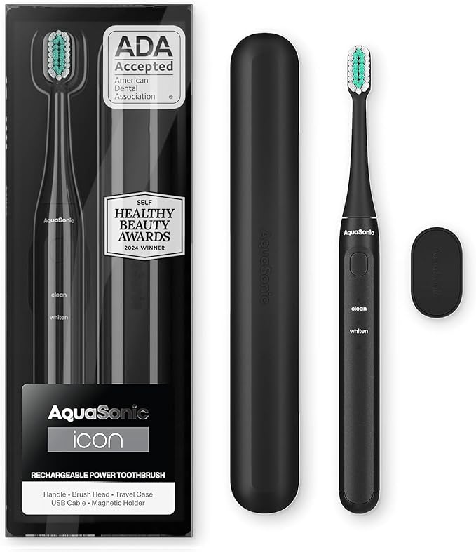 Aquasonic Icon ADA-Accepted Rechargeable Toothbrush | Magnetic Holder & Slim Travel Case | 2 Brushing Modes & Smart Timers | Gentle Micro-Vibrations(Onyx)