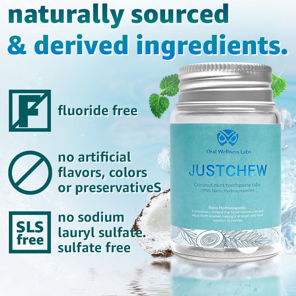 Oral Wellness Labs Toothpaste Tablets - Nano Hydroxyapatite,Fluoride & Plastic Free, Eco & Travel Friendly，Natural Whitening Toothpaste - Remineralize with NHA （1 Bottle / 1 Month-Coconut Mint）