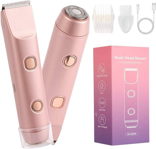 Bikini Trimmer for Women 2-in-1 Electric Razors for Pubic Hair Painless Wet & Dry Use Dual Head Electric Shaver for Women Support 60 Minutes Runtime for Facial Hair Removal & Body & Intimate Areas