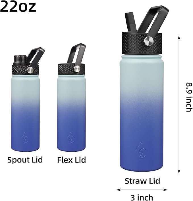 BJPKPK Insulated Water Bottles with Straw Lid, 22oz Cold & Hot Thermo, Stainless Steel Metal Water Bottle with 3 Lids, Reusable Thermo, Cups, Mugs for Daily Use-Sky