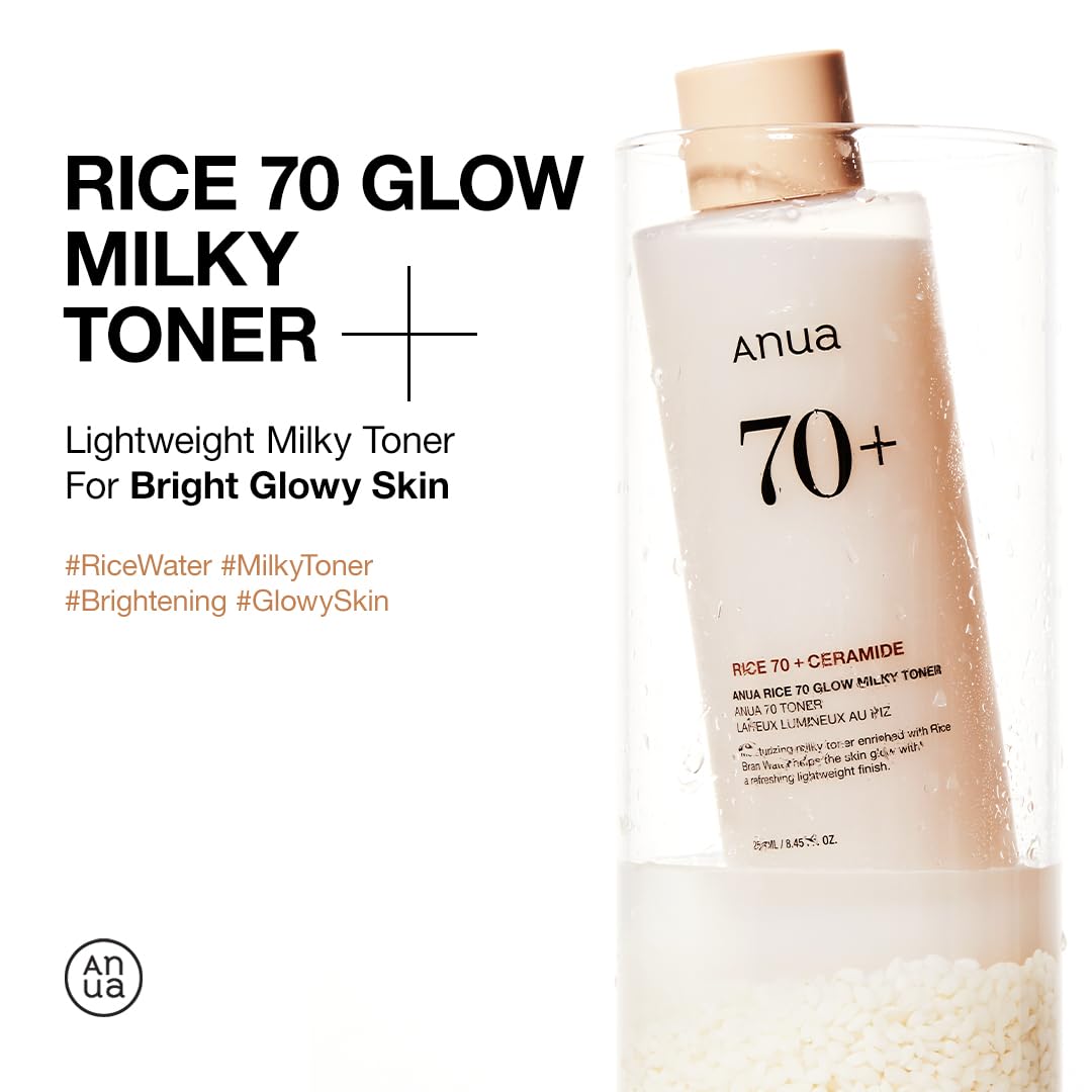 ANUA Rice 70 Glow Milky Toner, for Glass Skin, Rice Water, Niacinamide, Ceramides, Panthenol, Fragrance-Free, Non comedogenic, Fungal Acne Safe, Korean Skin Care, 250ml/8.45fl.oz.