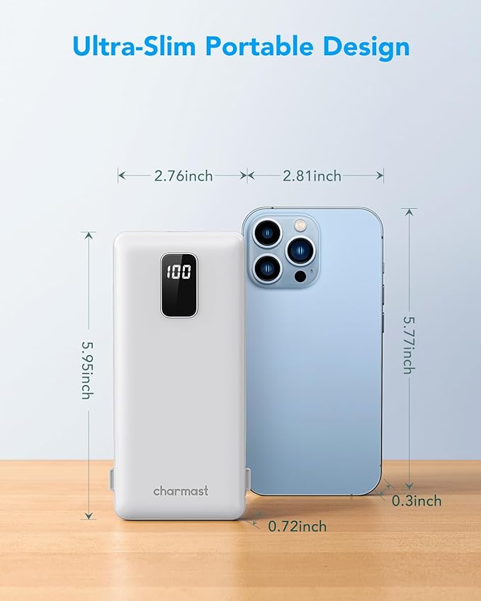 charmast Portable Charger with Built-in Cables and Plug, 10000mAh USB C Power Bank Fast Charging, External Battery Pack Slim, Travel Essentials Compatible with iPhones, Samsung Galaxy, iPad