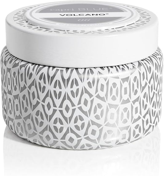 Capri Blue Volcano Printed Travel Tin Jar Candle - Luxury Candle with a Long Lasting Soy Wax Blend - Scented with Tropical & Fruity Fragrance (White Color, 8.5 oz)