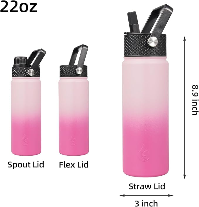 BJPKPK Insulated Water Bottles with Straw Lid, 22oz Cold & Hot Thermo, Stainless Steel Metal Water Bottle with 3 Lids, Reusable Thermo, Cups, Mugs for Daily Use-Cherry