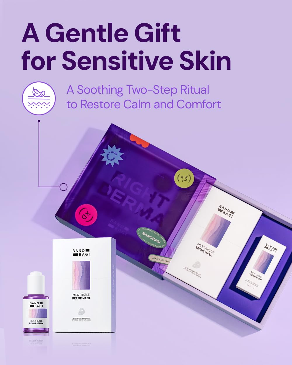 Bano Milk Thistle Repair Skin Care Set - Korean Skin Care with Centella, Soothing & Barrier Repair Kit for Sensitive Skin, Face Mask 10EA & Serum 0.5 fl. oz., Face Moisturizer, Fragrance-Free