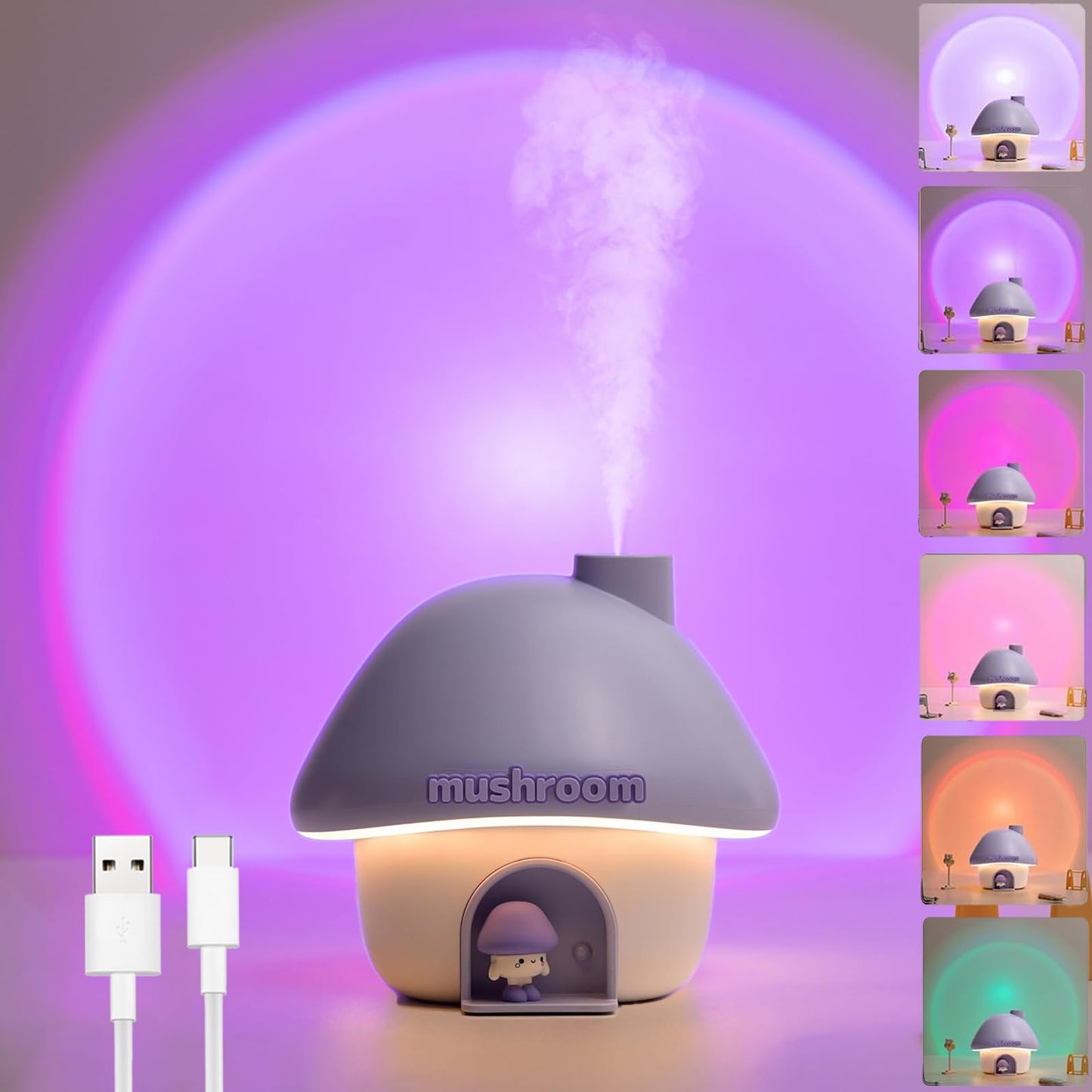 Humidifier for Bedroom, 300ML Cute Mushroom Humidifier with Night Light & 6 Colors Sunset Lamp Projection, Rechargeable Cool Mist Small Humidifier, Mini Humidifier Gifts for Kids Boys Girls (Purple)