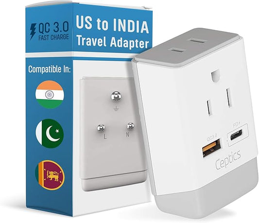 Ceptics US to India Plug Adapter, Type D Plug Adapter QC 3.0 & PD, Safe USB & USB-C 18W, India Plug Adapter Fast Charging - 2 USA Socket Compact & Powerful - Use in Pakistan Nepal Sri Lanka - AP-10
