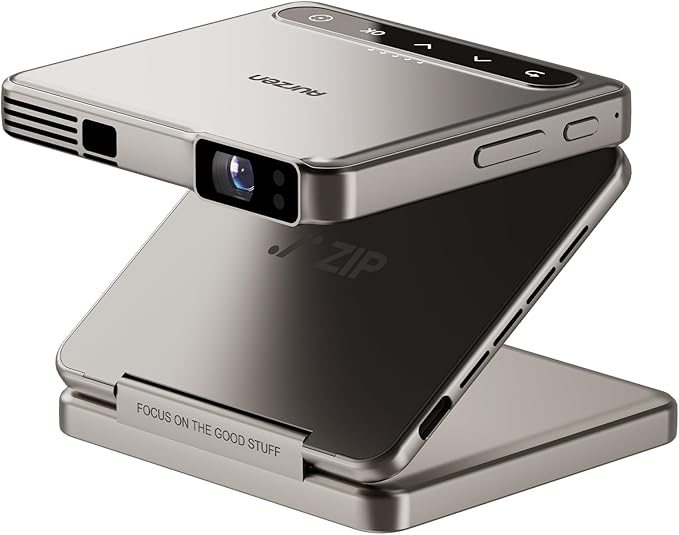 Aurzen ZIP Tri-Fold DLP Truly Mini Projector, Pocket Size, Zero-Lag Focus, One-Click Screen Mirroring, Full-Screen Mode, Type-C Fast Charging, 5,000mAh Battery, Indoor Outdoor Portable Projector,Gold