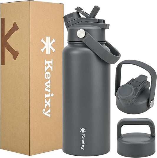 32 oz Insulated Water Bottle, 2-in-1 Lid, Straw & Spout with Protected, Leak Proof, Keep Cold, Stainless Steel, Metal, Reusable, Handle, for Outdoor, Gym and School, 2 Lids, Char Gray