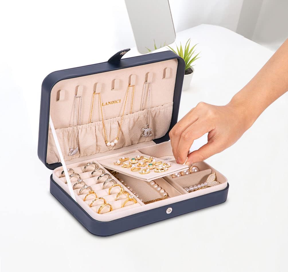 LANDICI Small Jewelry Box for Women Girls, PU Leather Travel Jewelry Case, Portable Jewelry Organizer Storage Holder Display for Ring Earrings Necklace Brooch Men Kids Gift, Dark Blue