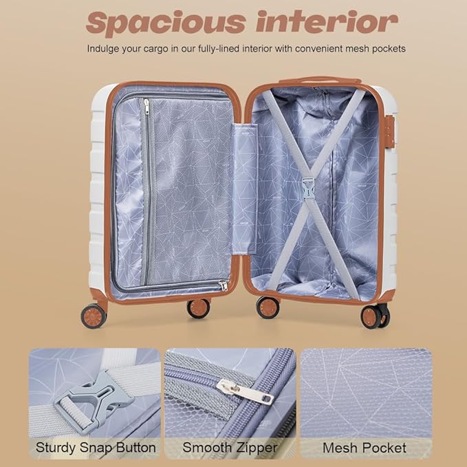 AnyZip Luggage Set 5 Piece PC ABS Hardshell Lightweight Suitcases for Travelling with 4 Universal Wheels TSA Lock Carry on Suitcase White Brown