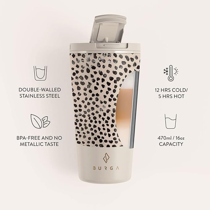 BURGA Travel Coffee Mug (16oz) – Spill-Proof, Secure-Seal Insulated Coffee Mug – Scratch-Resistant, Stainless Steel Travel Mug Stays Hot or Cold – Anti-Slip Coffee Tumbler – Almond Latte Travel Mug