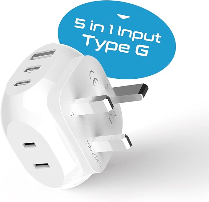Ceptics UK, Ireland Travel Plug Adapter - 5 Input with 20W PD-QC 3.1A Dual USB-C and USB - Light Weight - USA to Any Type G Countries Such as Hong Kong, England and More (PTU-7), White
