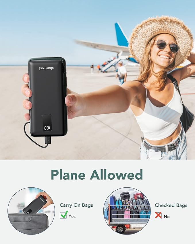 charmast Portable Charger with Built-in Cables & Wall Plug, 10000mAh Portable Power Bank, External Battery Pack Travel Essentials Compatible with iPhone 16/15/14/13, Samsung, iPad etc