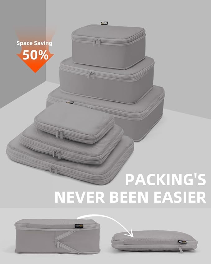 Compression Packing Cubes for Travel, XL/L/M/S Luggage Organizers (6 Set, Silver Gray)