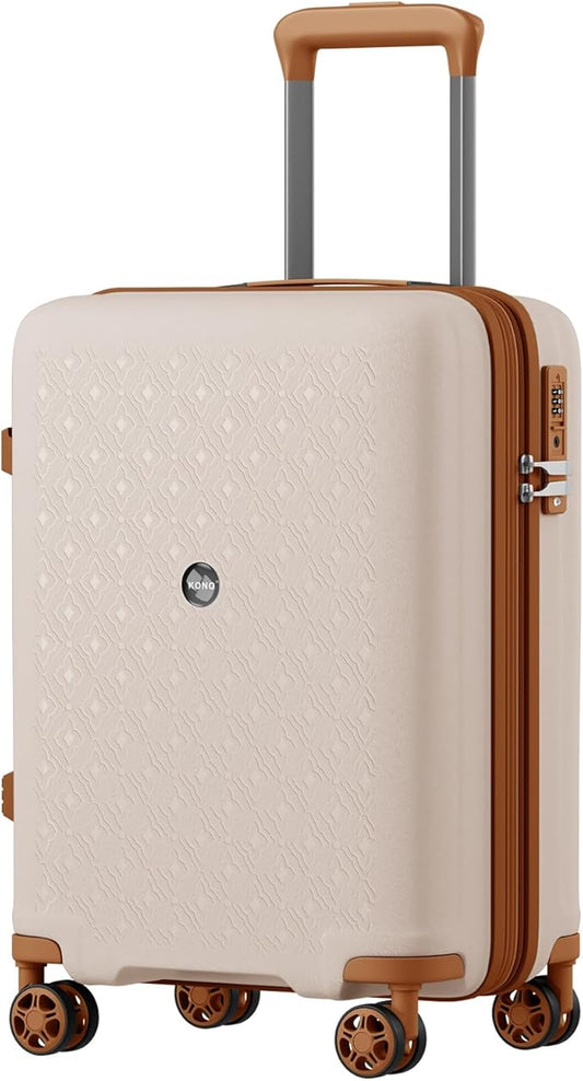 Kono 20 Inch Expandable Hard-Shell Suitcase, Ideal For Short Trips, Durable PP Material, With 360° Spinner Wheels & TSA Lock, White/Brown