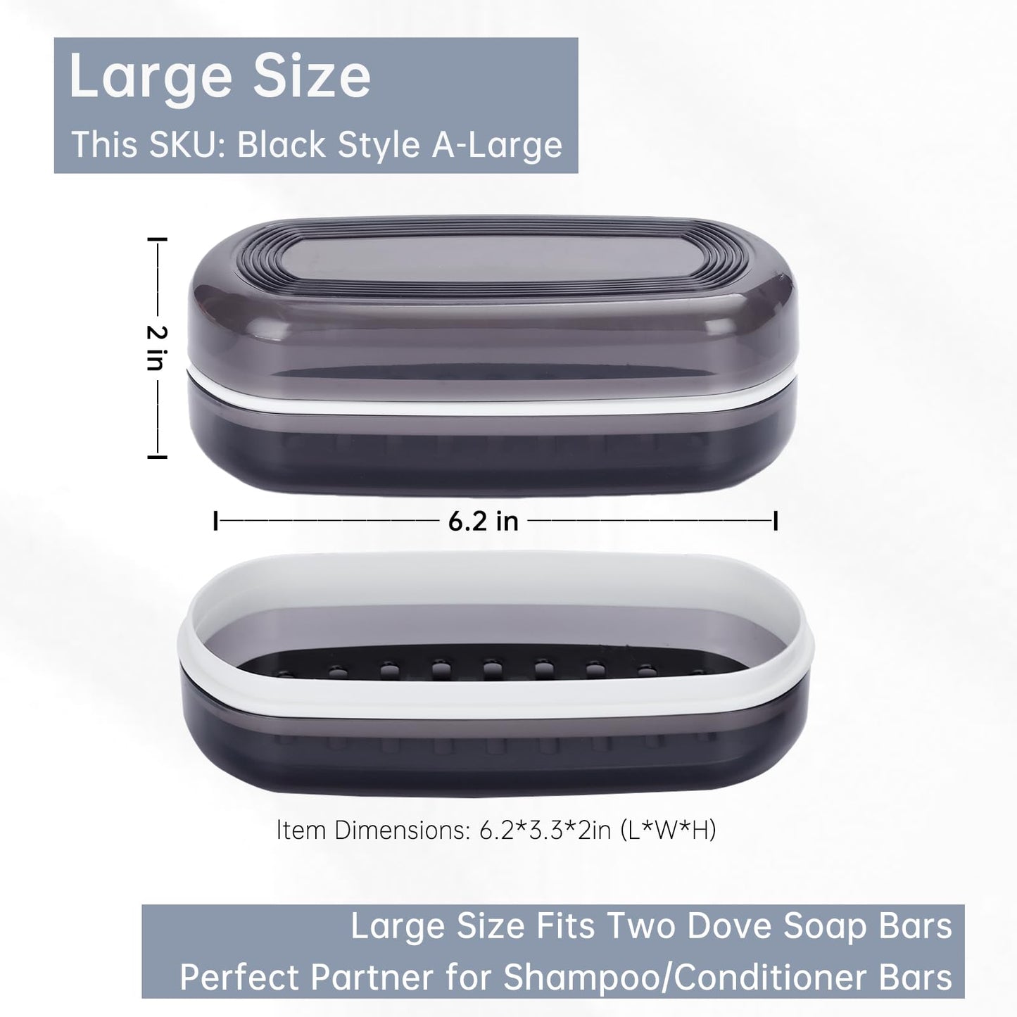 Travel Case for Kitsch Shampoo bar, Shampoo Bar Holder, Travel Soap Container, Large Soap Box, Soap Dish with Draining Layer, Case for Bathroom (Black, 1 Pack)