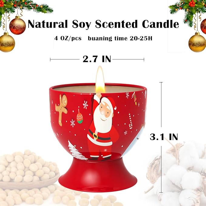 Set of 4 Christmas Snowman Santa Claus Scented Candles Gift Set for Home Women, 4.4oz Natural Soy Wax Strong Cedar, Lavender, Apple&Cinnamon and Vanilla&Jasmine Aromatherapy Candles