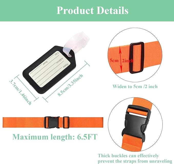 4PCS Luggage Straps for Suitcases & 2PCS Tags Set for Easy Identification,Travel Accessories for Safety,Luggage Strap for Travel Suitcase & Bag Closure,Black