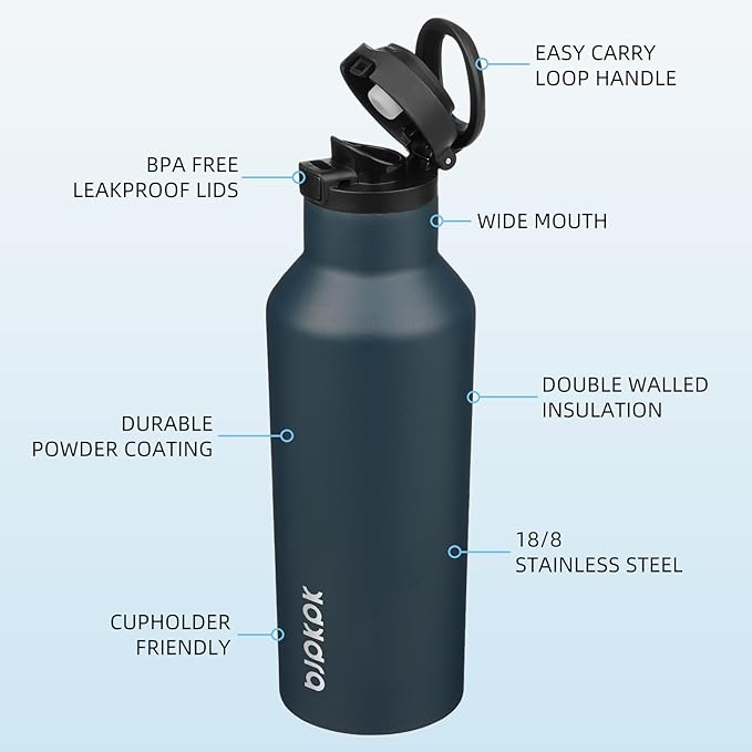BJPKPK Insulated Water Bottle With Straw 17oz Stainless Steel Water Bottles With 2 Lids And Carry Handle Reusable Travel Metal Thermo,Navy Blue
