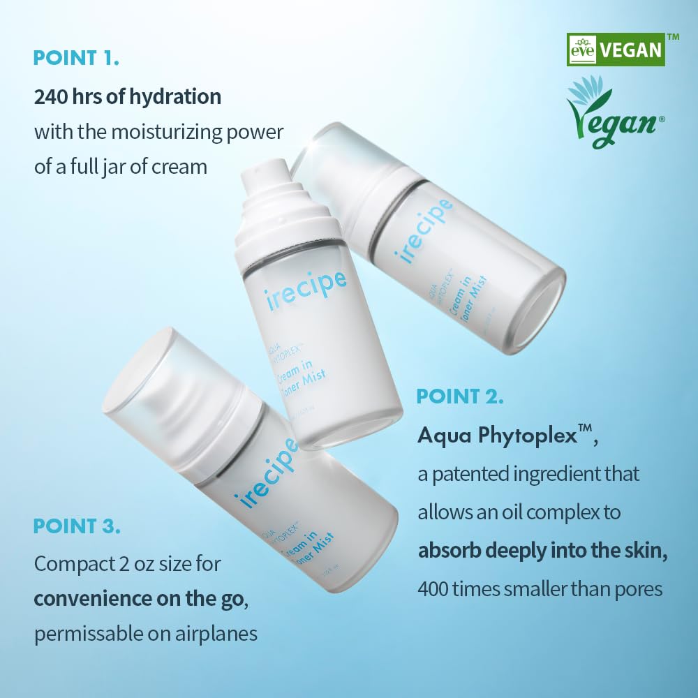 IRECIPE Aqua Phytoplex Cream in Toner Mist Long Lasting Deep Hydration, All-in-One Facial Mist for All Skin Type Unscented Clean Beauty, Vegan, Cruelty Free, Korean Skincare (60ml / 2.02 oz)
