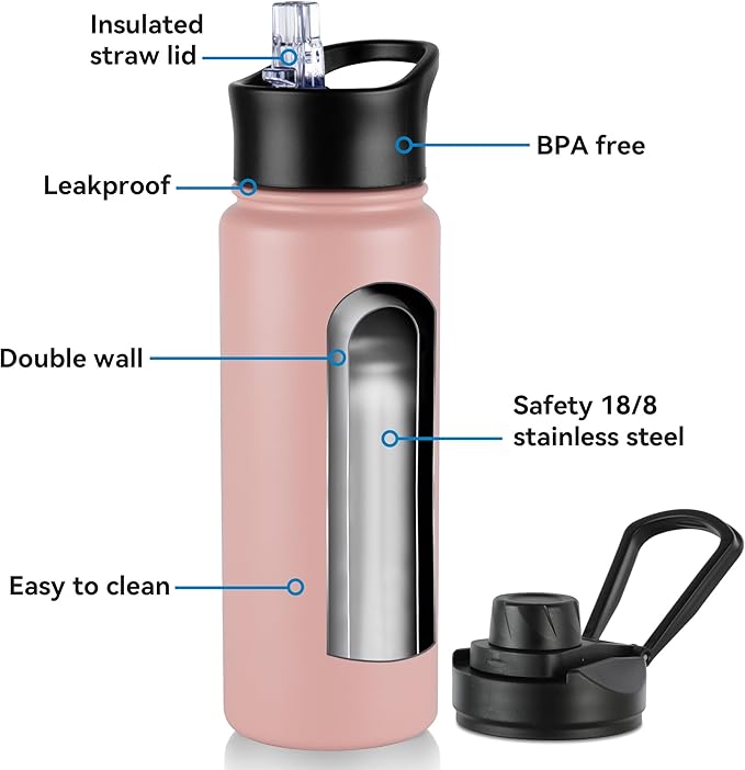 24oz Insulated Water Bottle with Straw Lid, Stainless Steel Metal Water Bottle with Straw & Wide Mouth Lid, Double Wall Vacuum for Hiking Camping, Pink 8 Pack