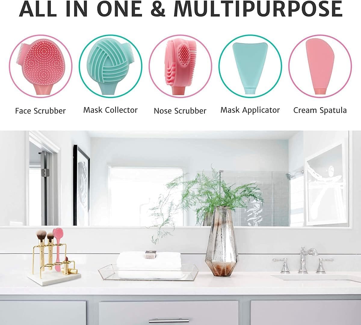 2 Pack Silicone Face Scrubber, 4 in 1 Facial Cleansing Brush, Handheld Face Wash Brush for Pore Cleansing, Gentle Exfoliating, Removing Blackhead, Blue and Pink