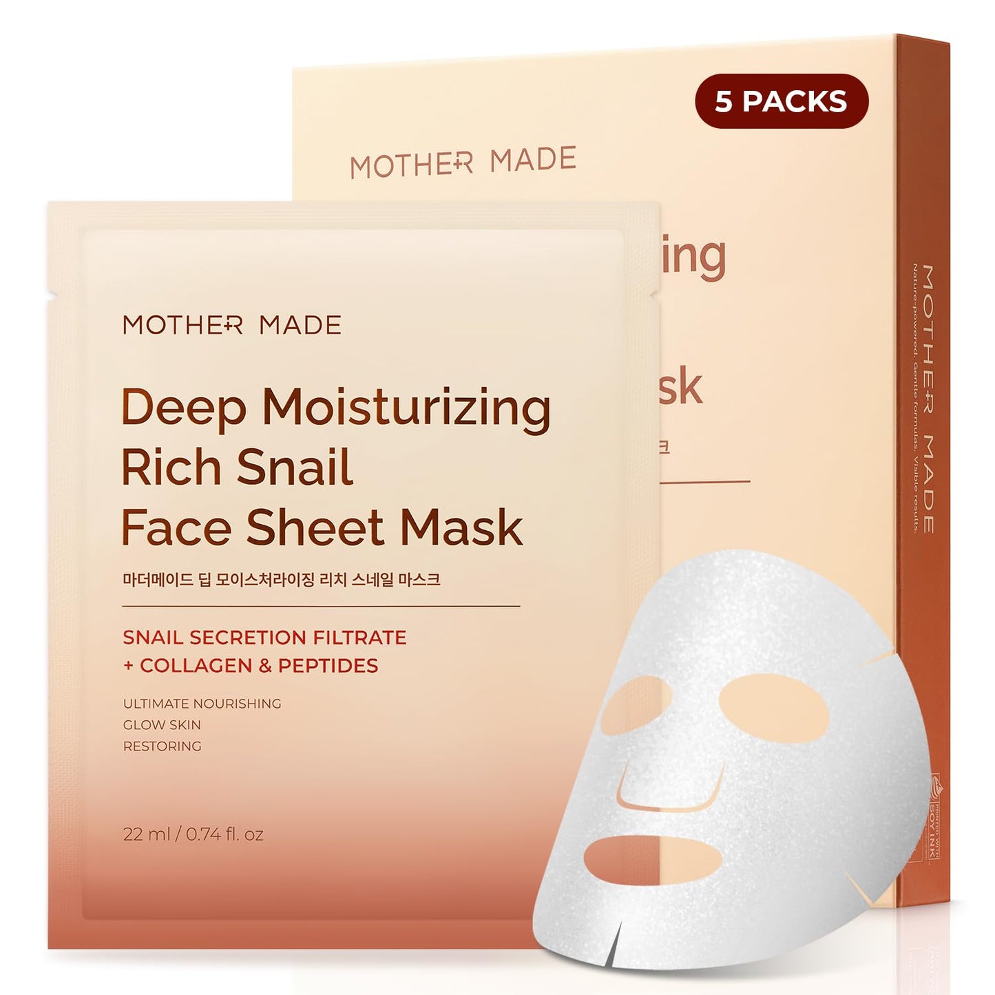 MOTHER MADE Deep Moisturizing Rich Snail Collagen Face Sheet Mask Pack of 5, with Snail Mucin, Low Molecular Collagens, Peptides, Niacinamide 2%, Korean Skin Care