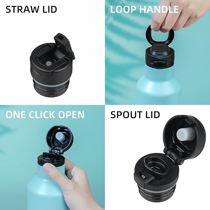 BJPKPK Insulated Water Bottle With Straw 17oz Stainless Steel Water Bottles With 2 Lids And Carry Handle Reusable Travel Metal Thermo,Turquoise