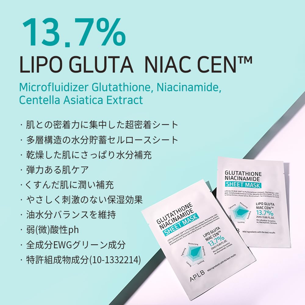 APLB Glutathione Niacinamide Sheet Mask 10pcs | LIPO GLUTA NIAC CEN™ 13.7% 0.85 FL.OZ/Korean Skincare, Deep hydration & Soothing, Sensitive Skin, Improve skin elasticity
