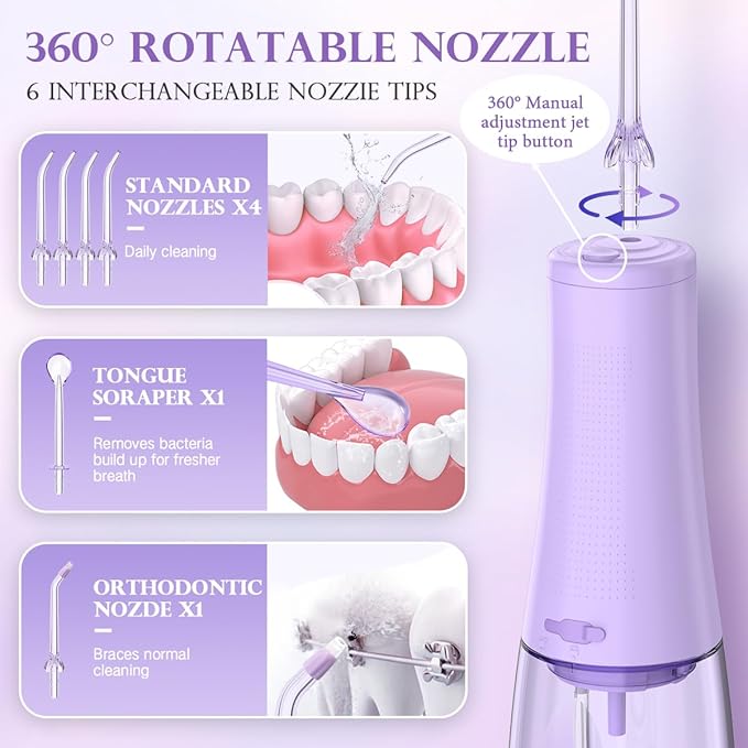 350mL/12oz Water Flosser with 3 Modes 6 Jet Tips,Dental Oral Irrigator USB Rechargeable Cordless Water Dental Picks for Teeth Cleaning,IPX7 Waterproof,for Home and Travel for Oral Care(Purple)