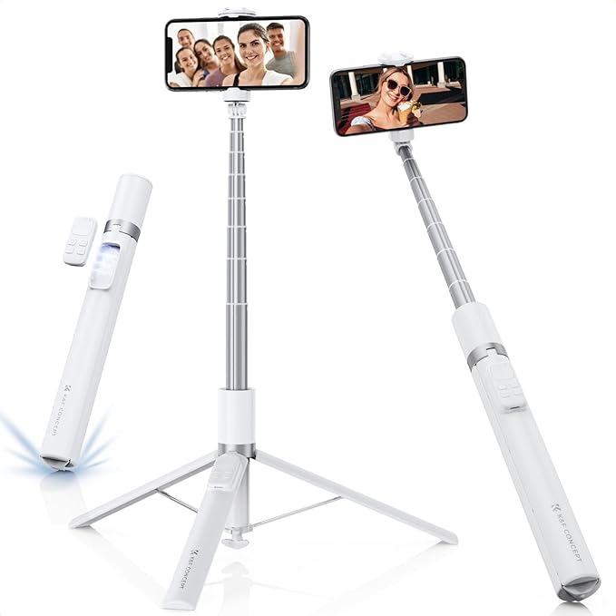 K&F Concept Selfie Stick for iPhone, Auto Open & Close Phone Tripod Stand, 360° Rotatable Selfie Stick with 9 Button Bluetooth Remote, Extendable Automatic Tripod for Cell Phone(White)