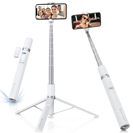 K&F Concept Selfie Stick for iPhone, Auto Open & Close Phone Tripod Stand, 360° Rotatable Selfie Stick with 9 Button Bluetooth Remote, Extendable Automatic Tripod for Cell Phone(White)