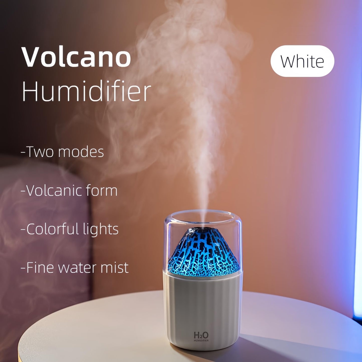 Colorful Volcano Humidifier, Ultrasonic Cool Mist Auto Shut-Off Car Diffuser, 2 Fog Mode Ultra Quiet Humidifier for Car Bedroom Office USB-300ml (White)