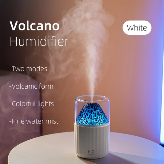 Colorful Volcano Humidifier, Ultrasonic Cool Mist Auto Shut-Off Car Diffuser, 2 Fog Mode Ultra Quiet Humidifier for Car Bedroom Office USB-300ml (White)