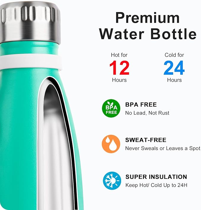 Kids Water Bottle for School-9 oz Stainless Steel Double Wall Vacuum Insulated Sports Water Bottle Reusable Metal Leak Proof Cola Shape Flask for Girls (Teal)