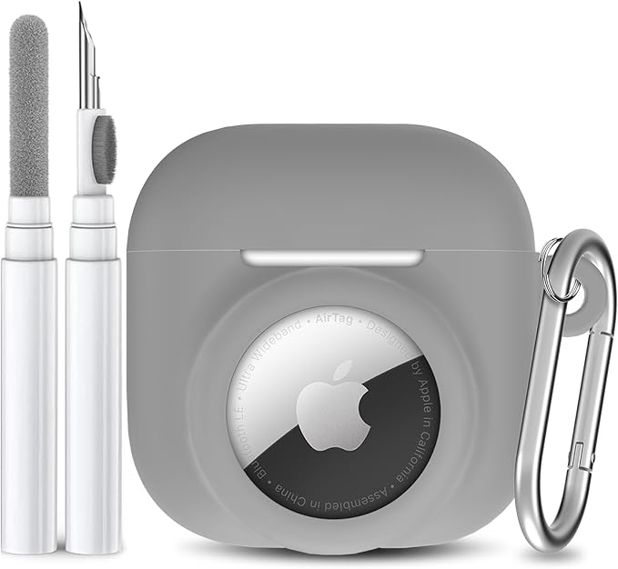 2 in 1 Silicone Case Compatible with AirPod 4 and AirTag, Shockproof Protective Skin Cover for AirPods 4th Generation with Cleaner Kit & Carabiner (Grey)
