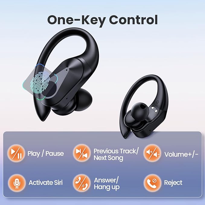 Active Noise Cancelling Ear Buds Bluetooth Headphones Wireless Earbuds with 90H Playtime LED Display Wireless Charging Case, IPX7 Waterproof Over Ear Earhooks Earphones for Sport Running Gym